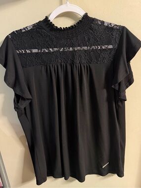 Adrienne Vittadini Black Lace Yoke Flutter Sleeve Blouse